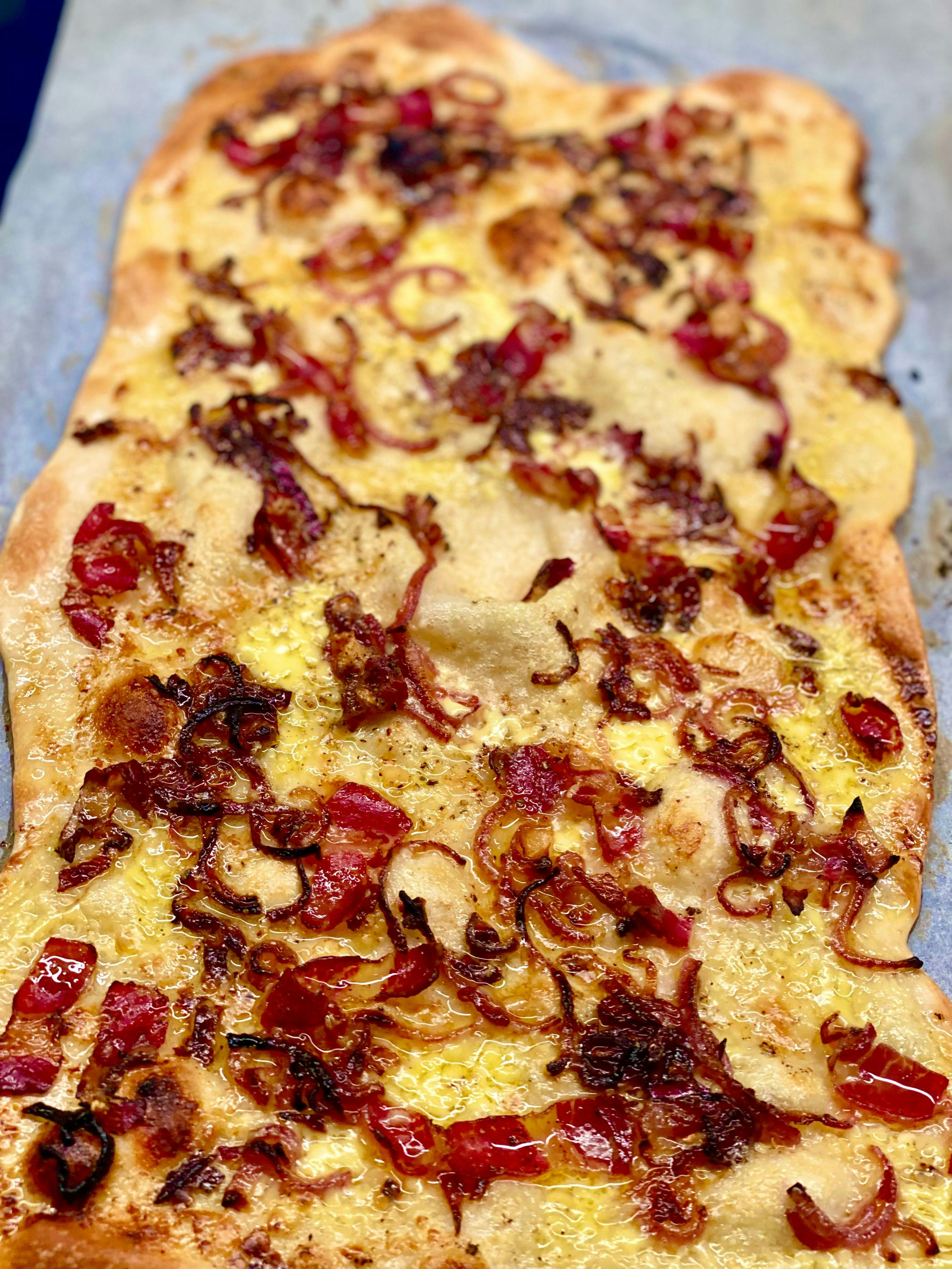 crispy golden pastry with bacon and fried onions