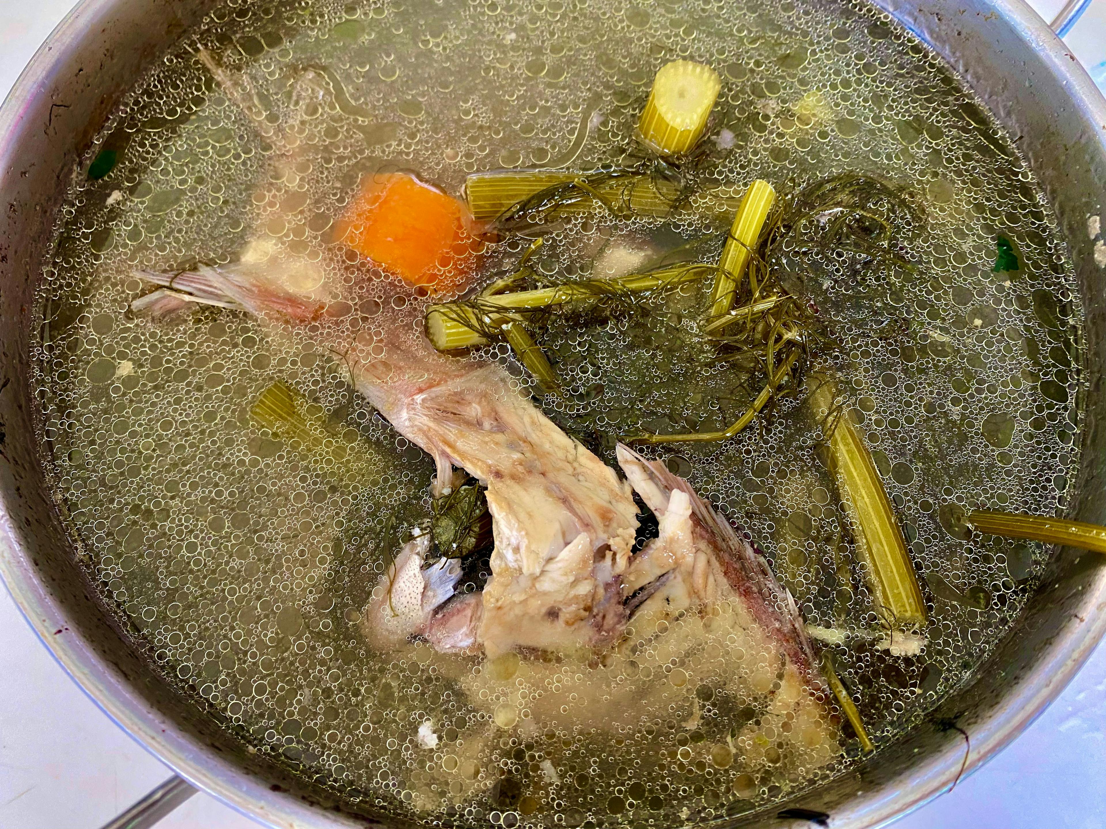 fish stock being boiled