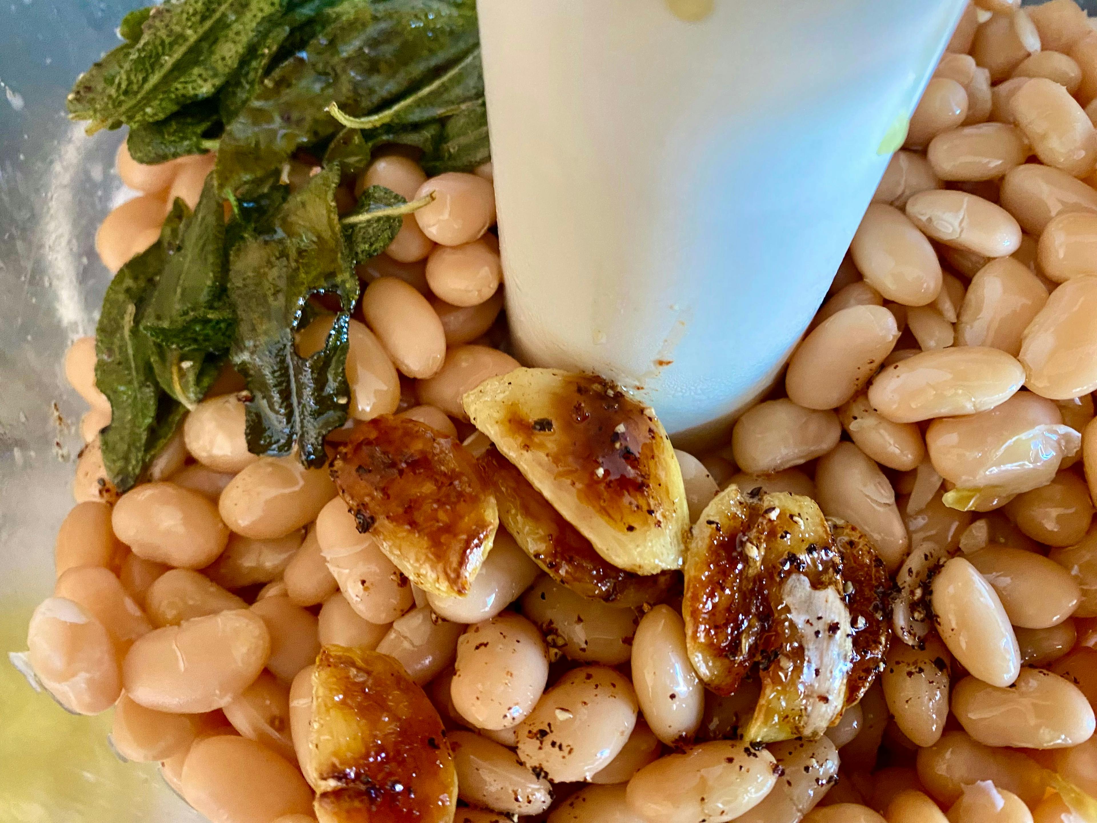 cannellini beans, garlic and sage in magi mix