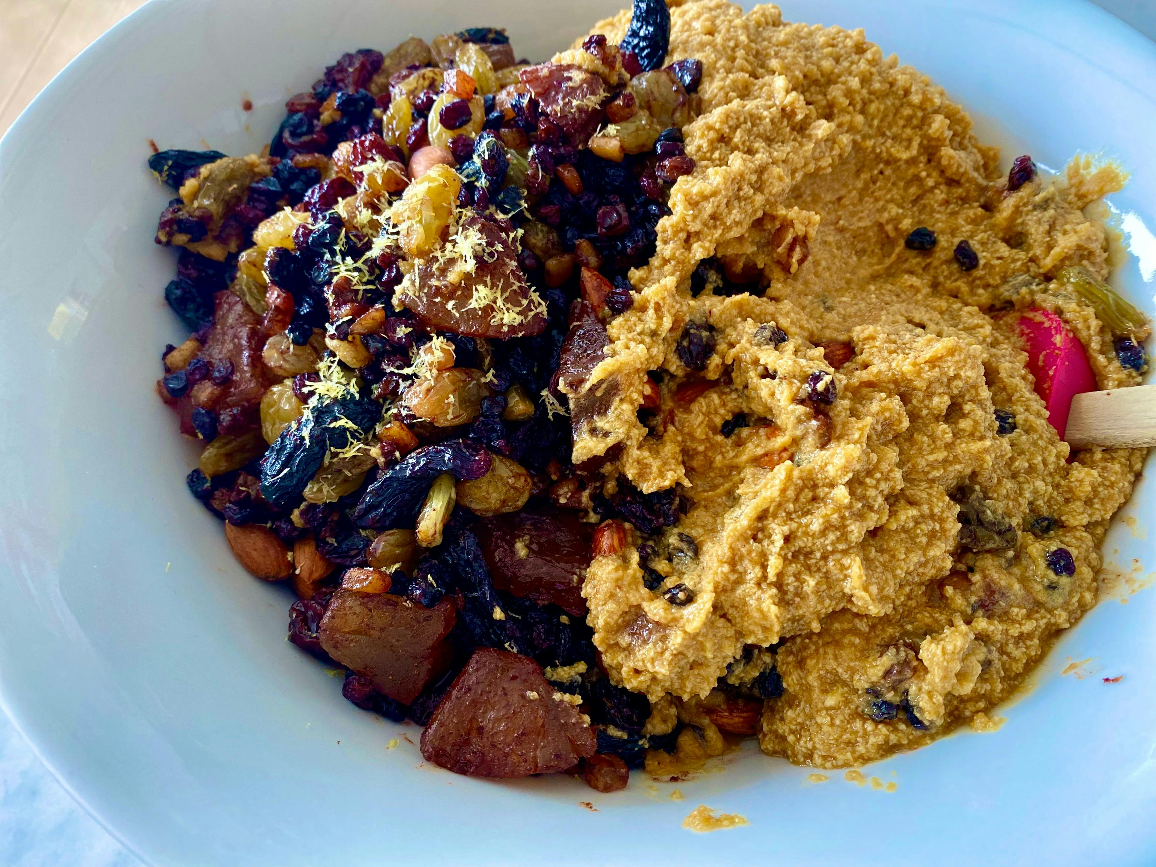 a bowl with the dried fruit mix plus the almond egg mix